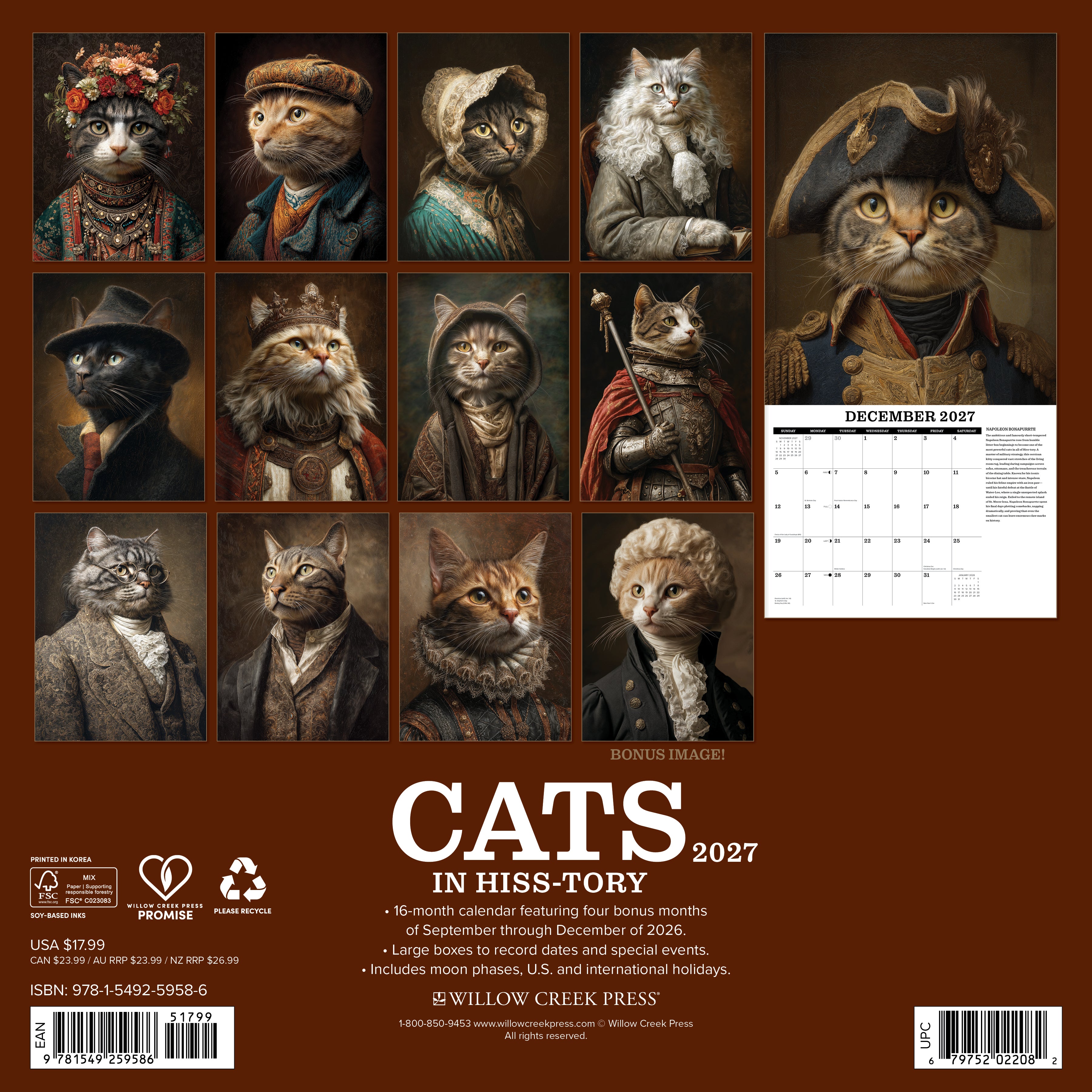 Willow Creek Press, Cats in Hiss-tory 2027 Wall Calendar