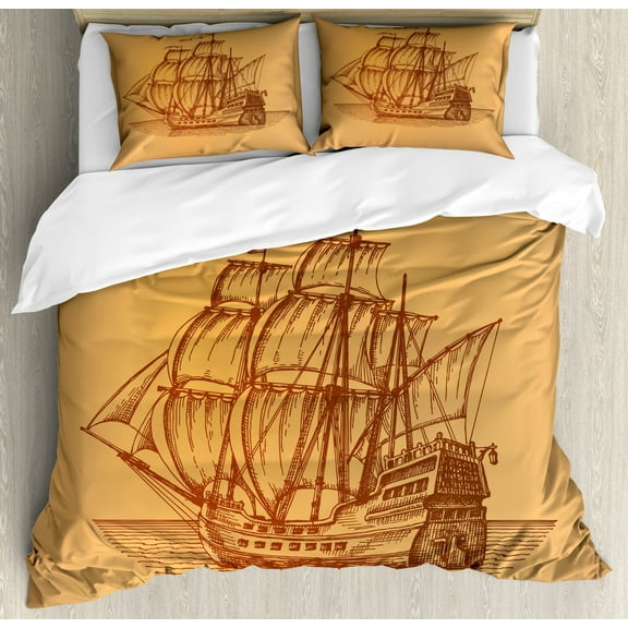 Vintage Boat Queen Size Duvet Cover Set, Hand Drawn Style Weathered Old Ship in Earth Tones Marine Frigate Motif, Decorative 3 Piece Bedding Set with 2 Pillow Shams, Brown Pale Brown, by Ambesonne