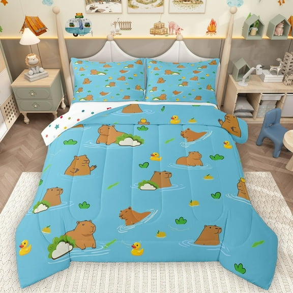 Homewish Cartoon Capybara 2pcs Bedding Comforter Set For Children Teens,Kawaii Wildlife Twin Comforter Sets,Cute Animal Breathable Bedding Set,Breathable Home Decor,Reversible