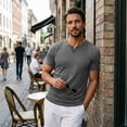 thumbnail image 3 of Men's Cotton T Shirts Short Sleeve Casual V Neck Solid Color T-Shirt Soft V Neck Lightweight Breathable Tee Classic Plain Shirts, S, 3 of 9