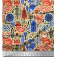 thumbnail image 1 of Soimoi Beige Japan Crepe Satin Fabric Tree & Fox Folk Art Printed Craft Fabric by the Yard 44 Inch Wide, 1 of 3