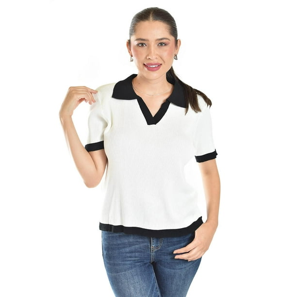 Blusa acanalada tipo polo Roman Fashion /Juvenil, 7280 (Blanco) blanco M