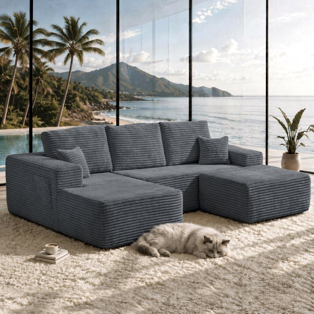 Cloud Sectional Sofa 104 Inch, U-Shape Modular Couch with Side Pockets and Deep Seating, Upholstered Living Room Sofa, No Assembly Required, Grey, Left Chaise
