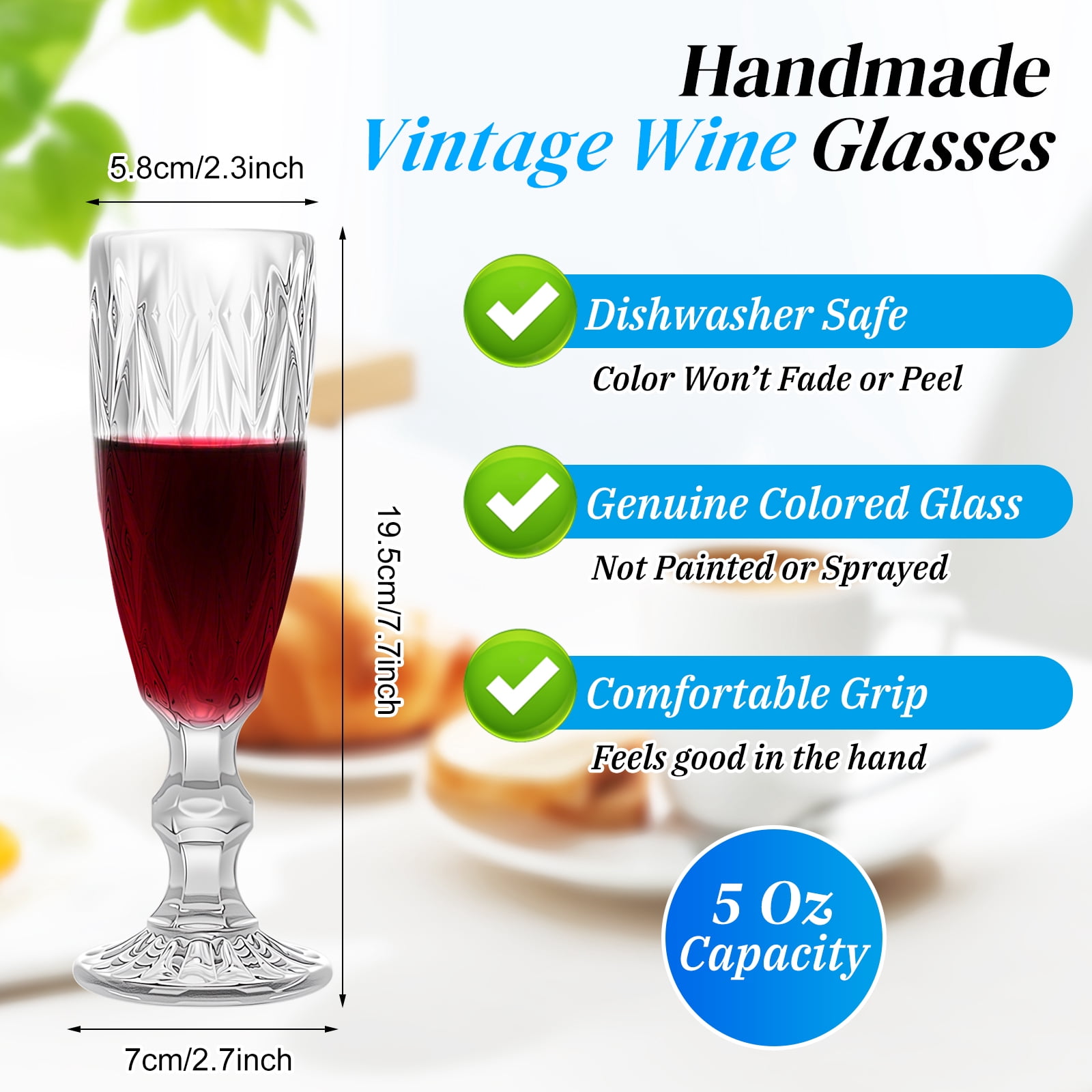 6-Piece 150ml Glass Stemmed Wine Glasses Set, Diamond Pattern Vintage Dessert Cups, 5oz European Style Cocktail Glasses, Dishwasher Safe Drinkware for Home Bar & Party