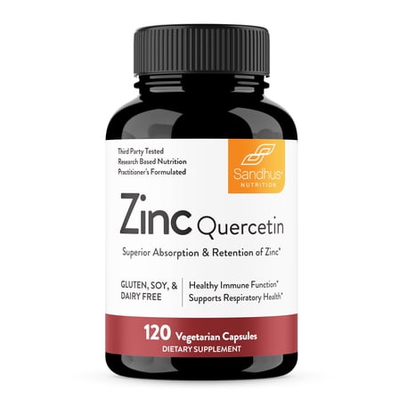 Sandhu's Zinc Quercetin 120 Vegetarian Capsules (Pack of 1) | High Absorption Zink Supplements for Immunity and Seasonal Allergy | Antioxidant Immune Support for Men and Women | Easy to Swallow