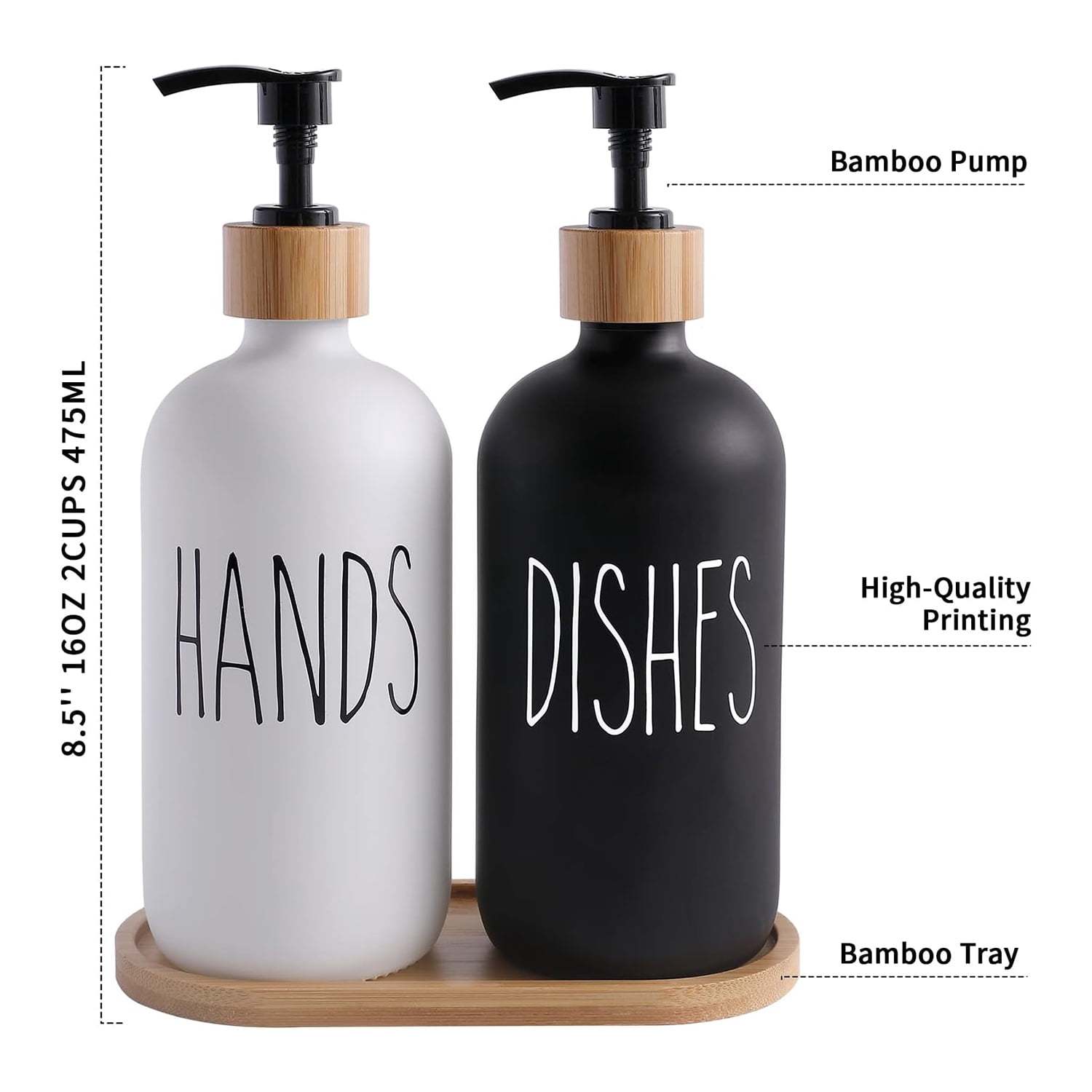 WOVTE Glass Hand and Dish Soap Dispenser Set, Kitchen Soap Dispenser Set with Tray, Suitable for Kitchen Sink, Housewarming Gift, Countertop Decor, Rustic Kitchen Decor (Black&White, 16oz)