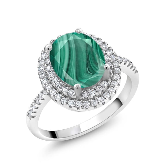 Gem Stone King 925 Sterling Silver Ring Oval Green Malachite and Moissanite (2.93 Cttw) | Size 6