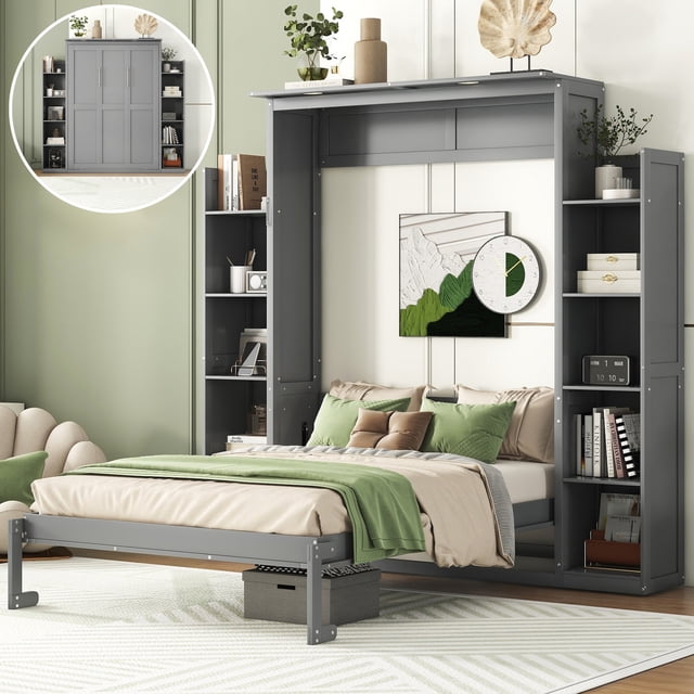 Lit Escamotable Gris Format Grand - Lit Mural Gain de Place avec Rangement