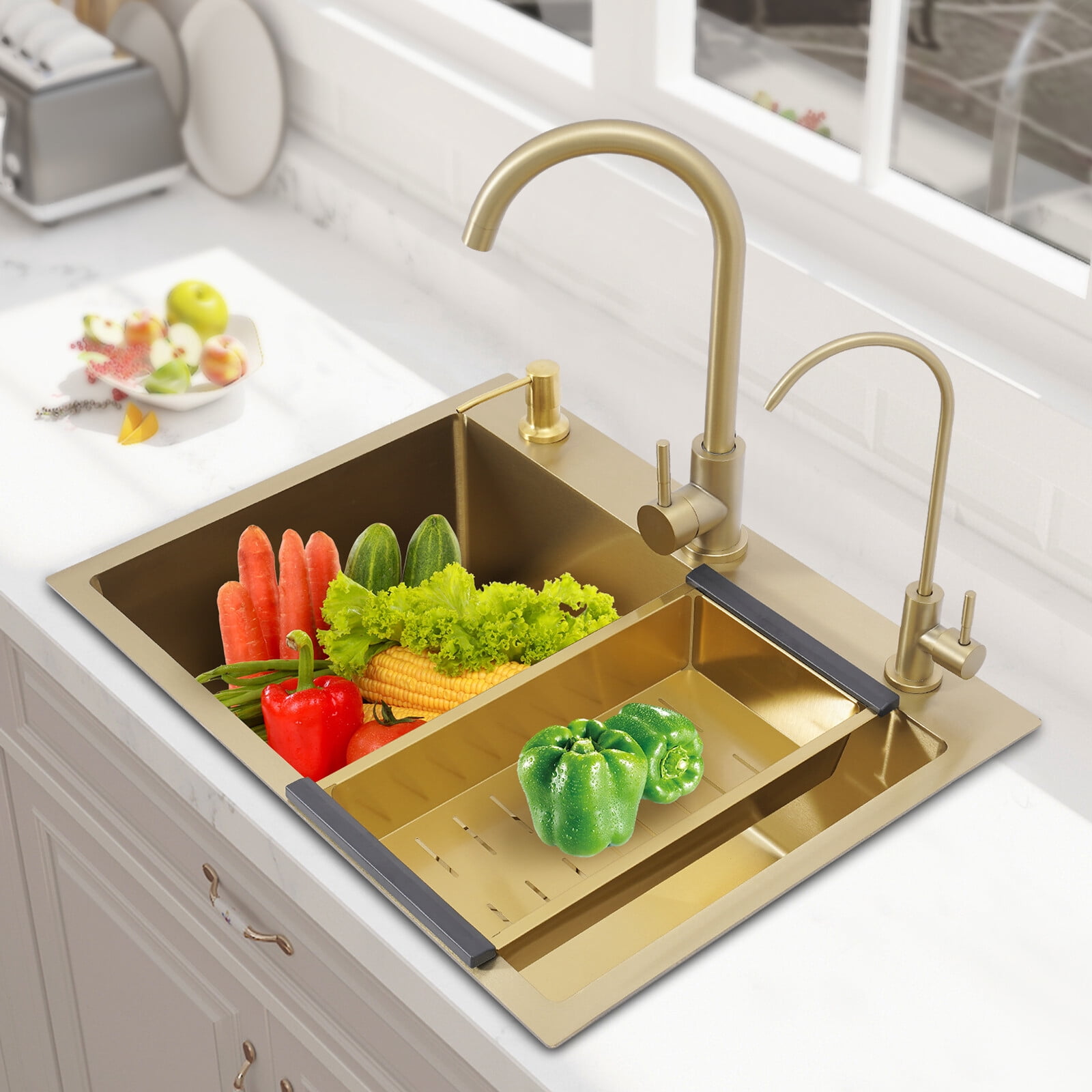 Gold Sink Set, 60x45cm Utility Sink with Faucet Soap Dispenser Drain Basket, Stainless Steel Laundry Tub, Large Capacity Kitchen Sink