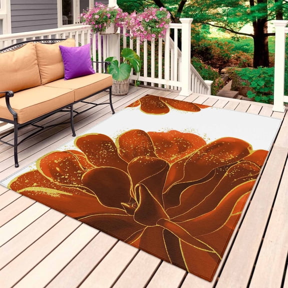 Burnt Orange Outdoor Rug 4x6 Ft, Non Slip Washable Area Rug, Sparkle Gold Stained Floral Flower Art Patio Rugs Carpet Runner, Large Floor Mat for Indoor/Outdoor Deck Porch Camping
