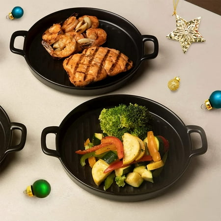 

Bruntmor 10 X 6 Black Porcelain Set of 4 Serving Platters - Ceramic Baking Dish with Handles Matte Glaze Dinner Plates - Oven Safe Serving Dishes for Christmas - Round Ceramic Serving Platters