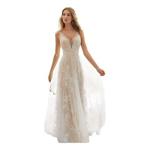 Gift Long Sleeveless V-Neck Wedding Dress With