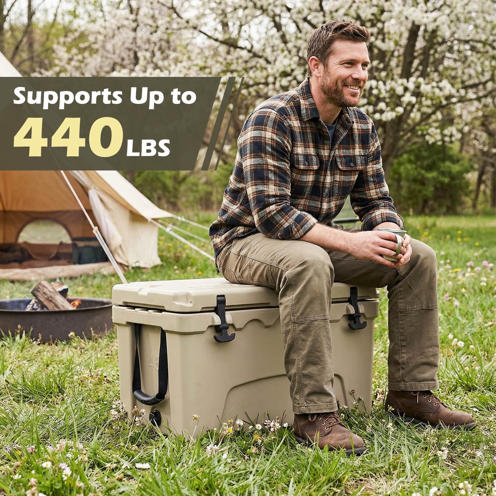 Costway 45 Quart Portable Hard Cooler, Insulated Ice Chest Keeps Cool for up to 6 Days Khaki