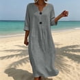 thumbnail image 2 of Women's Solid Midi Dress, Cowl Neck 3/4 Sleeve Button Detail Loose Casual Dress with Side Pockets for Summer Daily Outfits Gray L(L), 2 of 6
