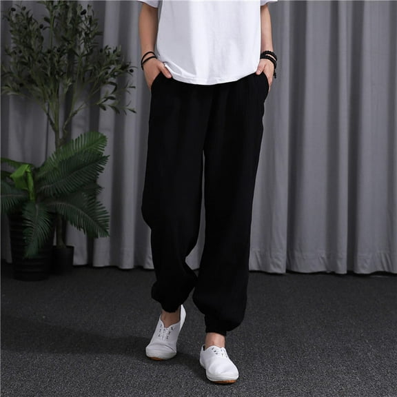 Edvintorg Lightweight Pants Women Fashion Solid Casual Summer Elastic High Waist Cotton Linen Pants with Pockets Trousers Women Black M