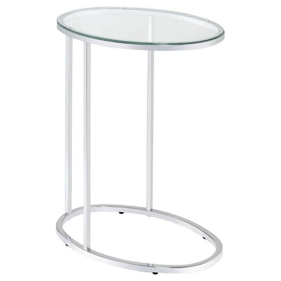 End Table Coffee Accent Table, Oval, C Shape Slides Under Couch, Contemporary, Indoor in Glass Top and Metal,