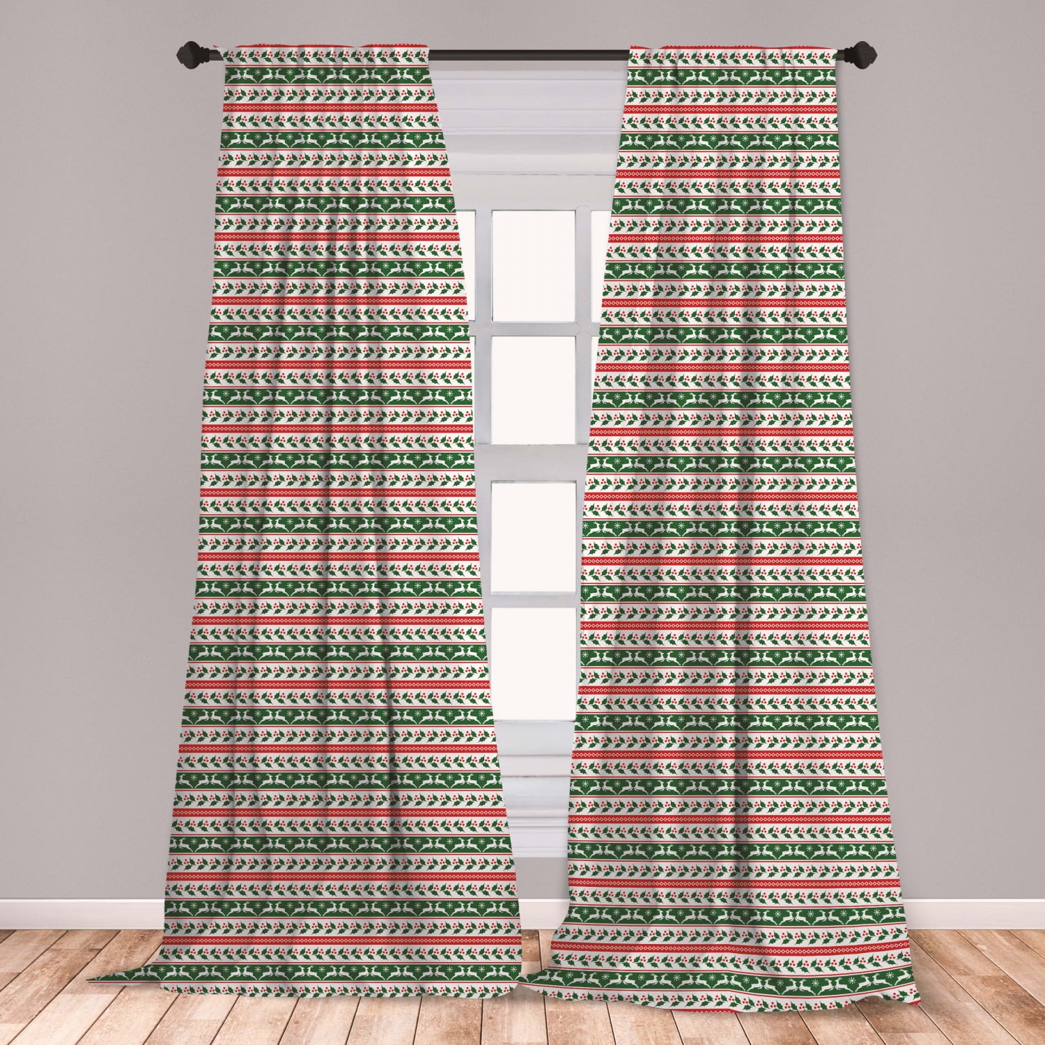 Christmas Curtains 2 Panels Set, Jumping Reindeers Border with Xmas