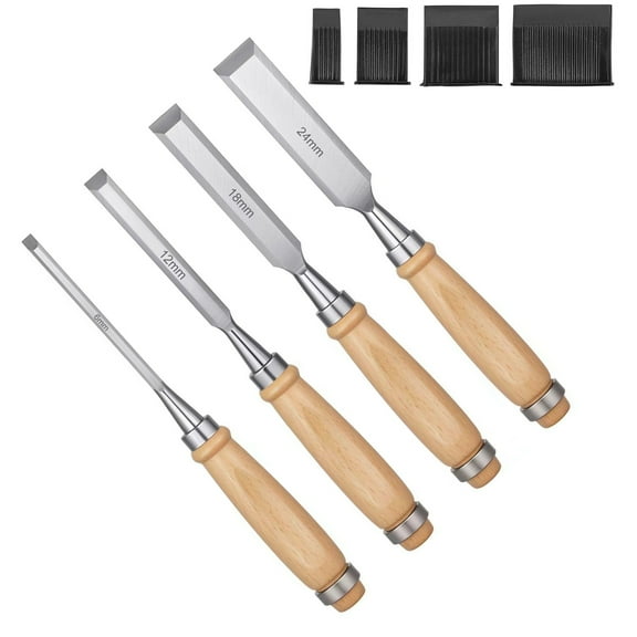 4Pcs Wood Chisels Set Sharp Chrome-Vanadium Steel Wood Carving Chisels with Beech Handles Ergonomic Wood Carving Tools for Carpentry Woodworking Hobbyist Craftsman