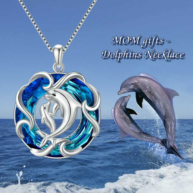 WINNICACA Dolphin Gifts for Women S925 Sterling Silver Mother Child Dolphin  Necklaces Pendant Ocean Beach Necklaces with Blue Crystal Jewelry Gifts