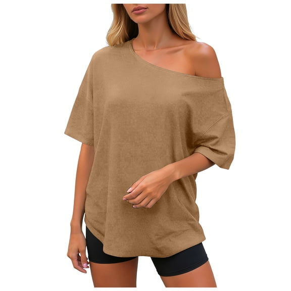idosla Womens Off the Shoulder Tops Oversized T-Shirts Short Sleeve Tees Summer 2026 Casual Spring Clothes (Gold, 3XL)