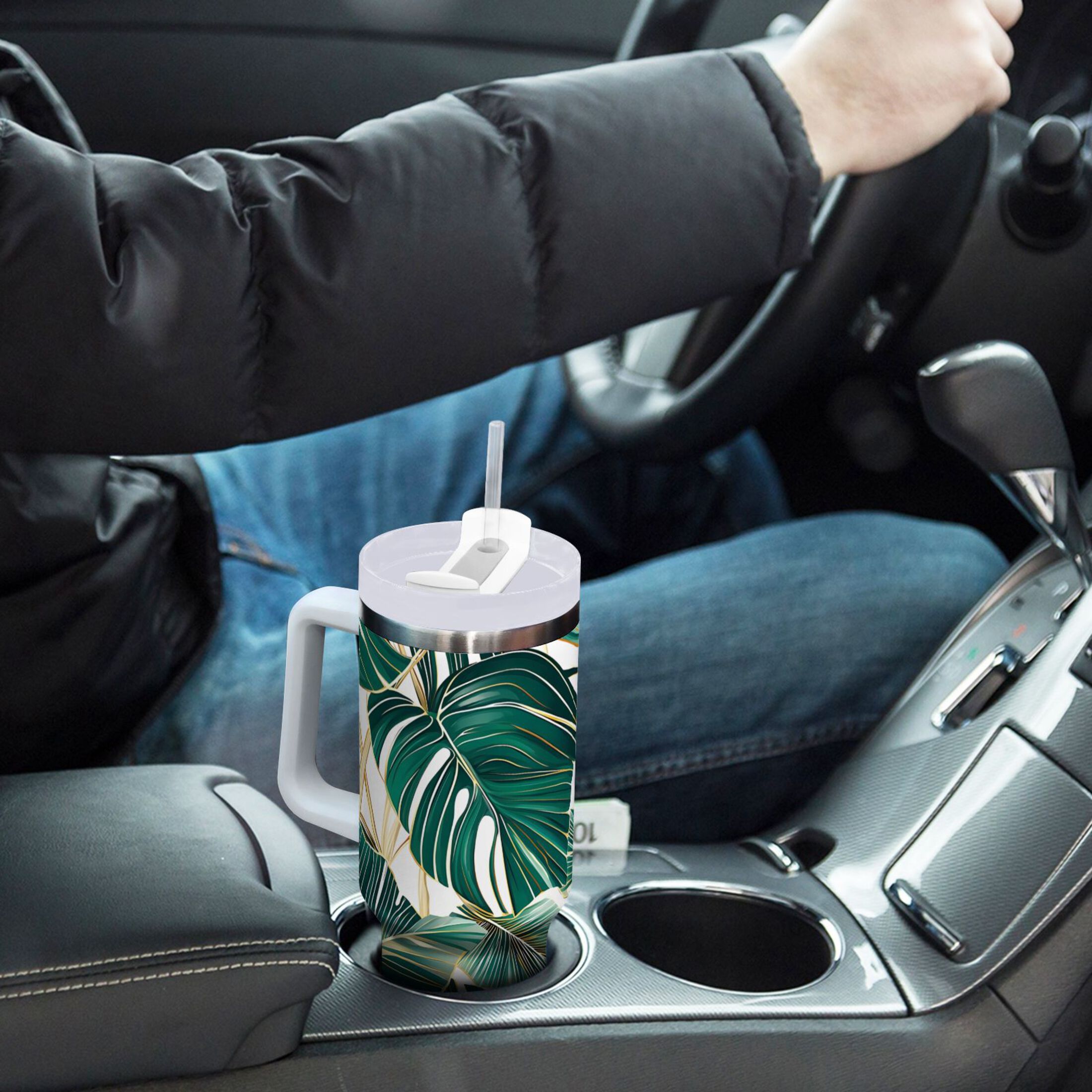 Ryvnso 40 oz Tumbler with Handle and Straw Tropical Leaves Green Insulated Stainless Steel Travel Mug with Lid