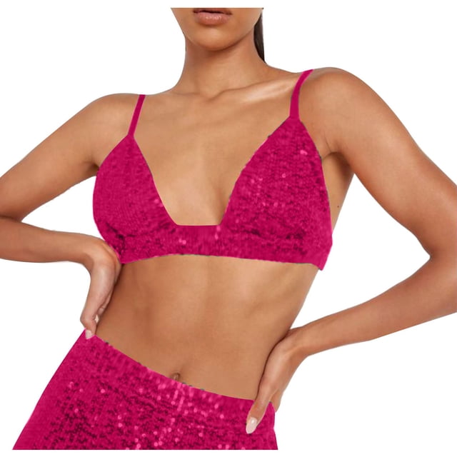 IROINID Balconnet Réduit pour Femmes Été Couleur Unie Style Boîte de Nuit Soutien-Gorge à Sequins, Rose Vif