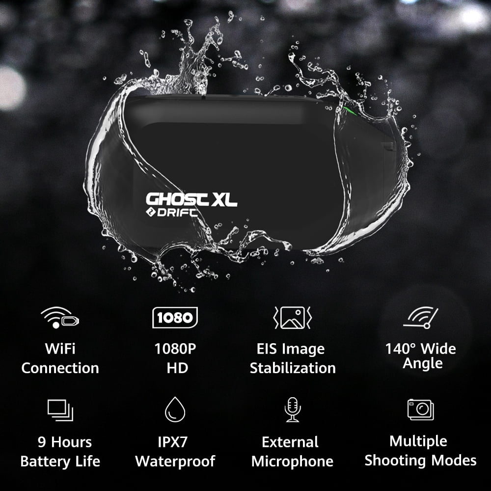 Drift Ghost XL Action Camera, 1080P FHD 30FPS Video, 300 Degree Rotating Lens, 9 Hour Battery Life, IPX7 Waterproof Motorcycle Camera, Support External Mic and Accessories Kit