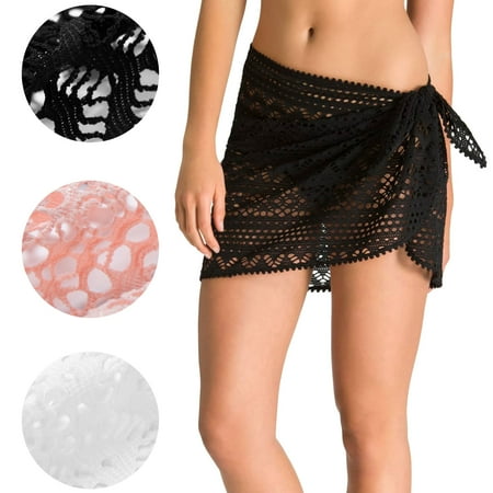 Womens Beach Cover Up Skirt Short Hollow Out Summer Wrap Sheer Bikini Cover-ups Swimwear Bathing Suit  White