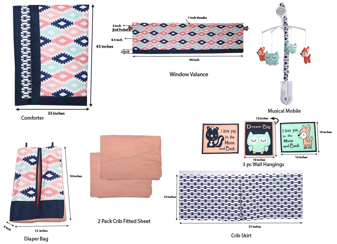 Bacati - Emma Aztec Coral/Mint/Navy 10-Piece Nursery in a Bag Crib Bedding Set 100% Cotton Percale Girls Crib Bedding Set with 2 crib fitted sheets