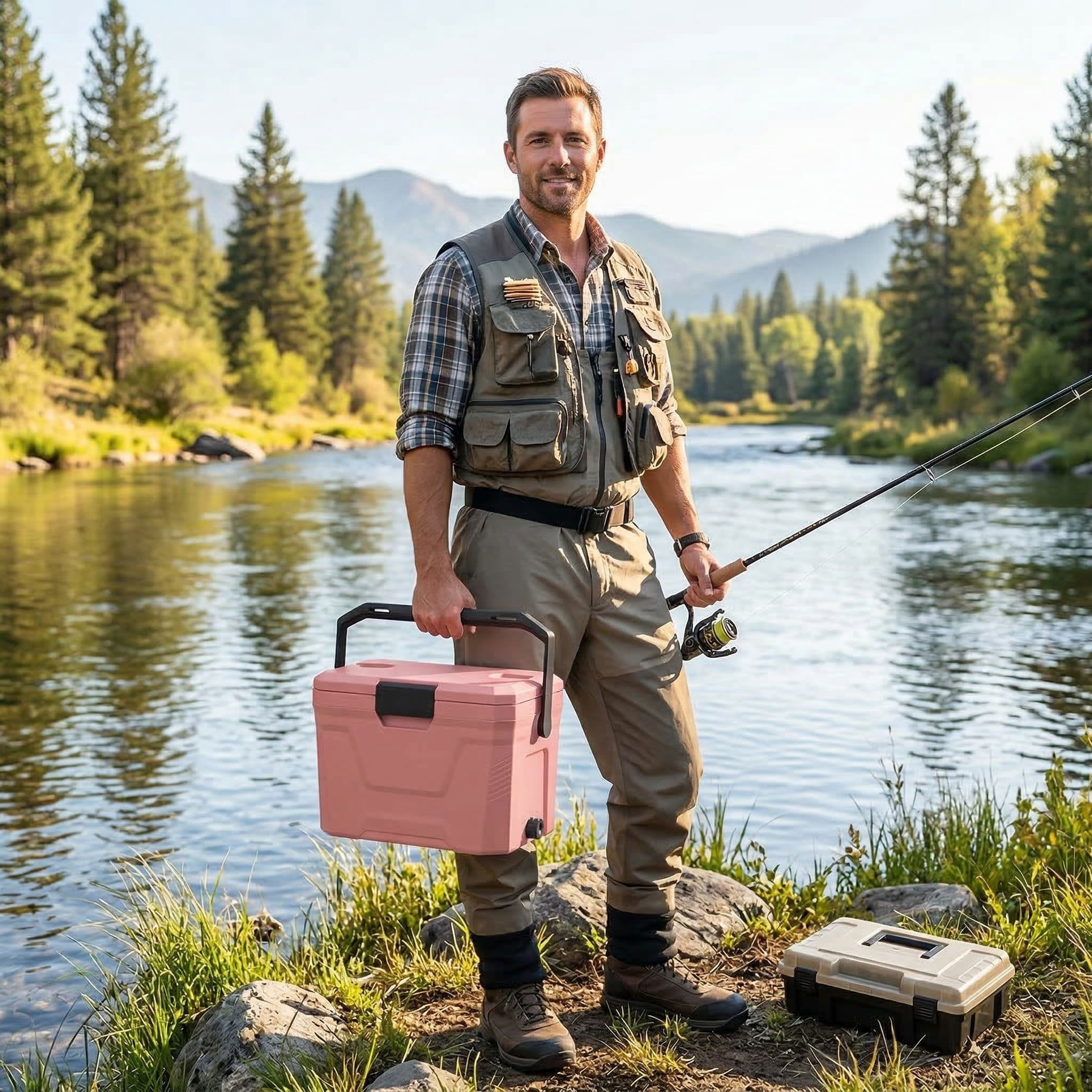 Resenkos Durable Hard Shell Insulated Cooler Box with Cup Holders, Portable Outdoor Ice Chest for Camping, Beach and Backyard Parties, Pink