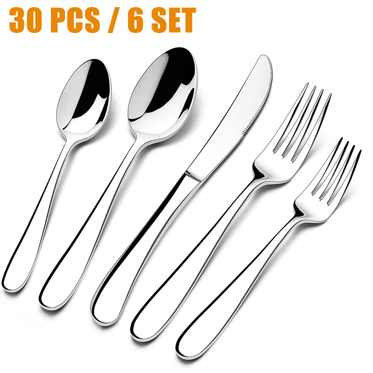 30 Pieces Silverware Set with Serving Set, Stainless Steel Modern Flatware Eating Utensils Set, Includes Forks/Spoons/Dinner Knives, Service for 6, Mirror Polished, Dishwasher Safe