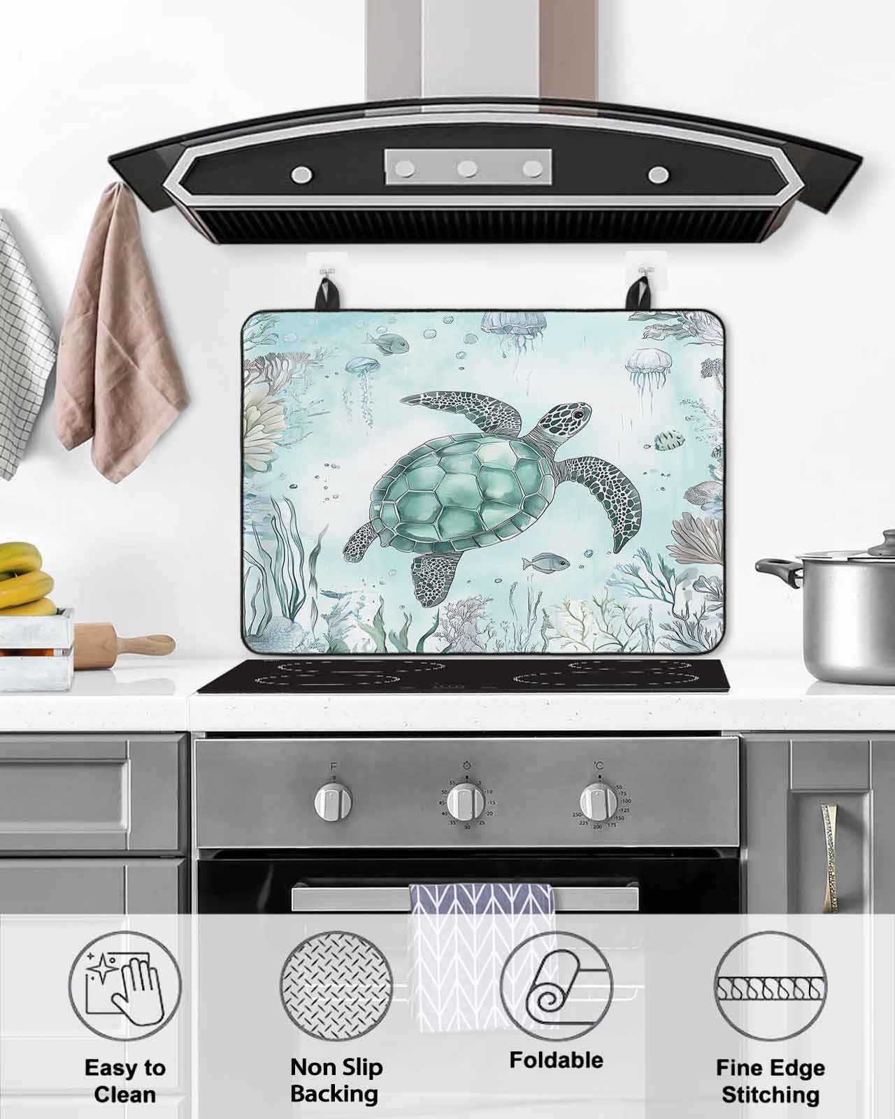 nqOlkjepod Large Induction Cooktop Protector Mat 28.5"x20.5", Coastal Sea Turtle Stove Top Covers for Electric Stove, Nautical Marine Jellyfish Coral Stove Burner Cover Mats, Glass Top Stove Cover