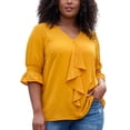 thumbnail image 1 of Blusa de mujer de talla grande GRACE & GRANDEUR con volantes en el frente, mangas fruncidas, cuello en V, color sólido, casual, talla 1X, amarilla, 1 of 1