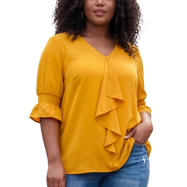 Blusa de mujer de talla grande GRACE & GRANDEUR con volantes en el frente, mangas fruncidas, cuello en V, color sólido, casual, talla 1X, amarilla