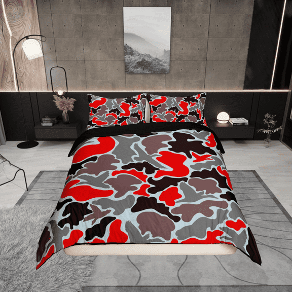 Erosebridal Red Gray Camo Duvet Cover Twin, Aesthetic Camouflage Bedding Sets Twin Size, Reversible 2pcs (No Comforter)