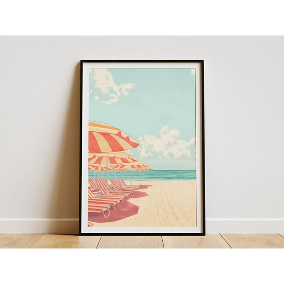 Beach Umbrella Poster Summer Vacation Print Coastal Decor Summertime Beach Scene Red White Striped Umbrellas Sandy Beach Ocean View Art - Poster Unframed