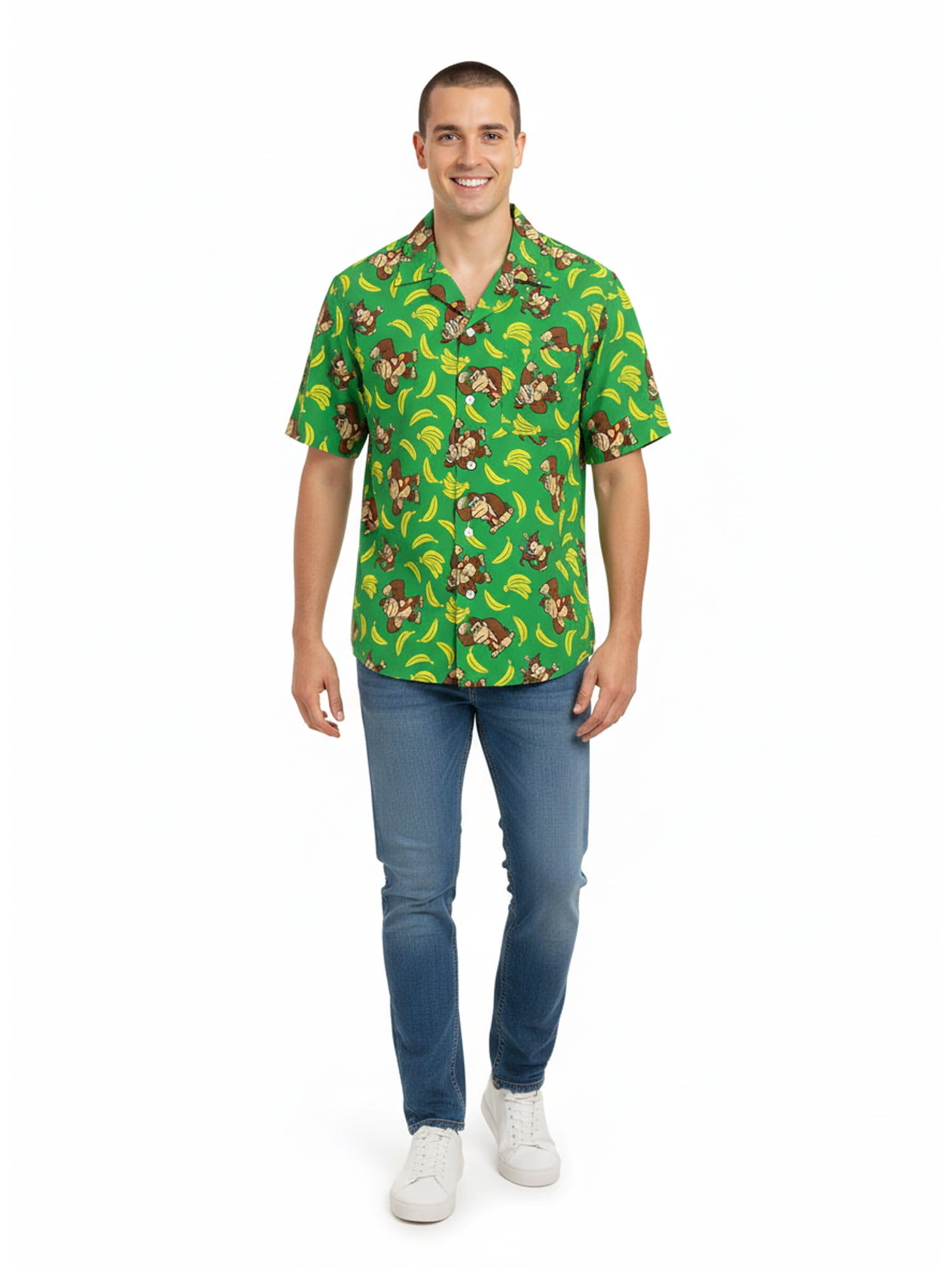 Donkey Kong Men’s Short Sleeve Button-Up Camp Shirt, Sizes S–3XL