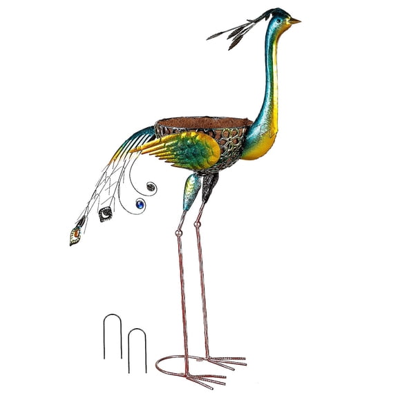 Evergreen 37"H Metal Peacock Planter with Coco Liner- Fade and Weather Resistant Outdoor Decoration for Homes, Yards and Gardens