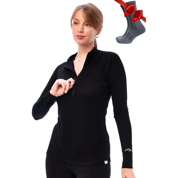𝗕𝗥𝗘𝗔𝗧𝗛𝗔𝗕𝗟𝗘 𝗖𝗢𝗠𝗙𝗢𝗥𝗧 Merino Wool Half Zip Top for Women - Lightweight Thermal Base Layer - Includes Hiking Socks (Large, 165 Black) - Merino.tech