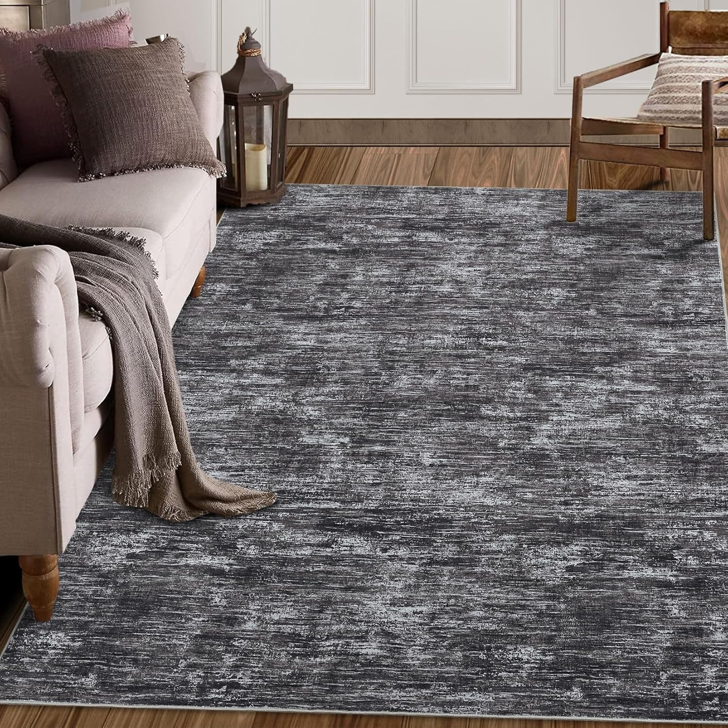 Shininglove Washable Area Rugs 9' x 12' Large Modern Abstract Plain Texture Living Room Carpet, Contemporary Non-Slip Accent Floor Mat for Playroom Nursery Room(Dark Grey)