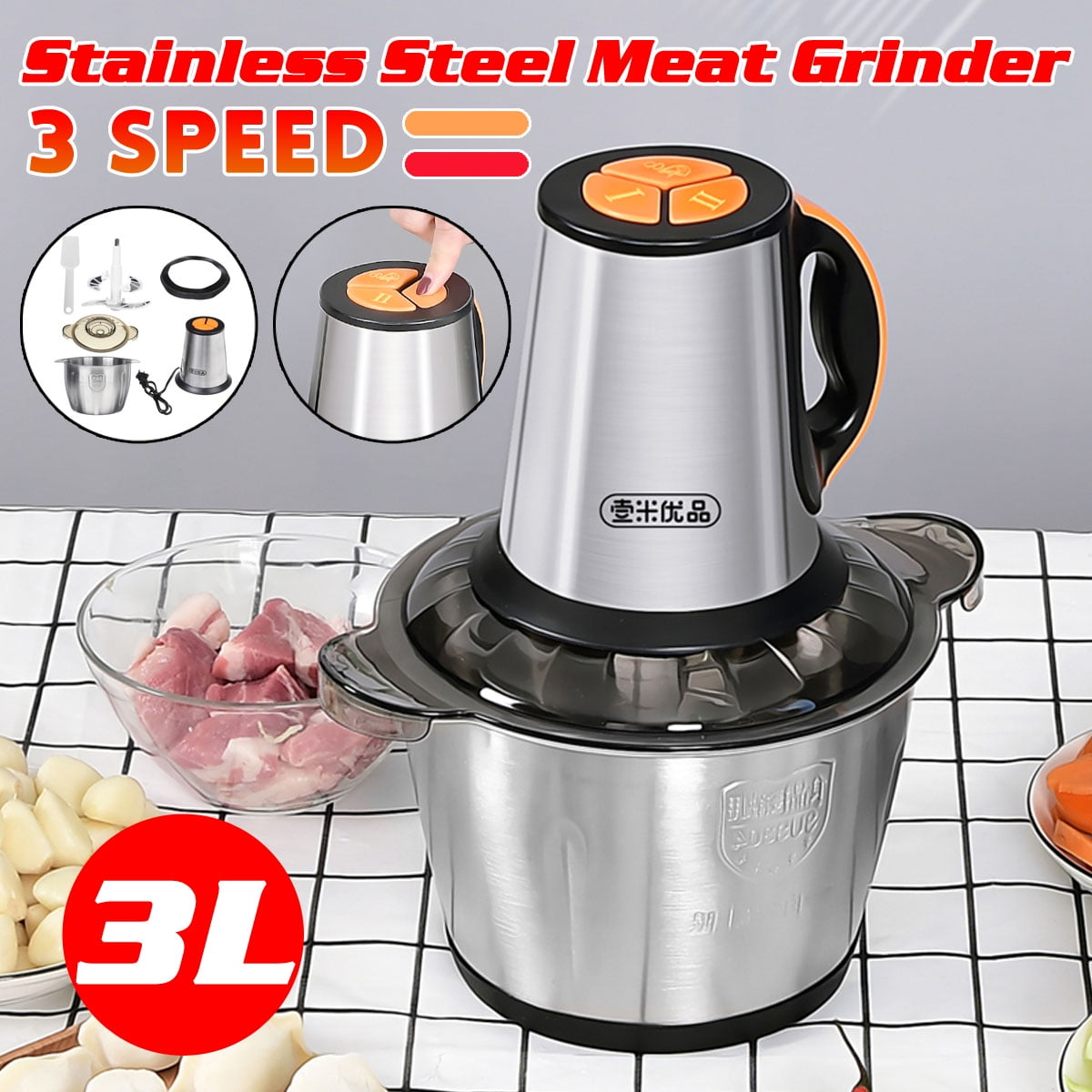 3Speed Electric Meat Grinder 300W 220V Home Kitchen 3L Stainless Steel