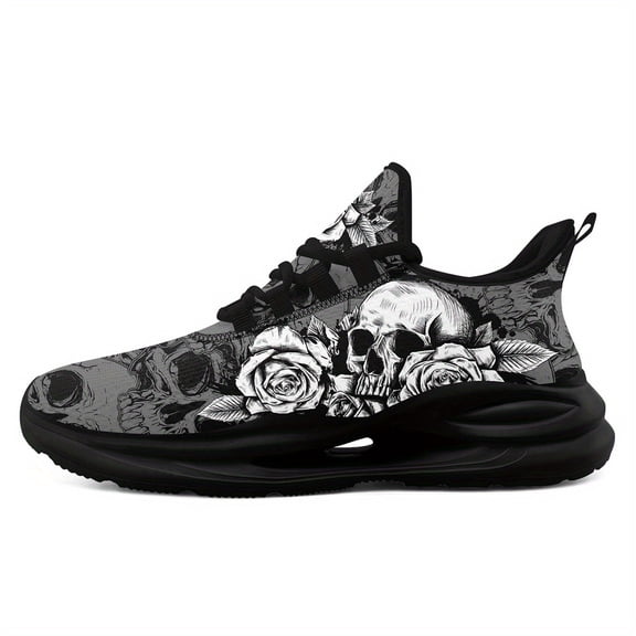 Coolcustomize Black-Gray Gothic Casual Sneakers for Women, Skull Design Fashion Streetwear Shoes, Lightweight Breathable Running Trainers with Cushioned Sole, Fashion Trendy Sports Shoes for Work