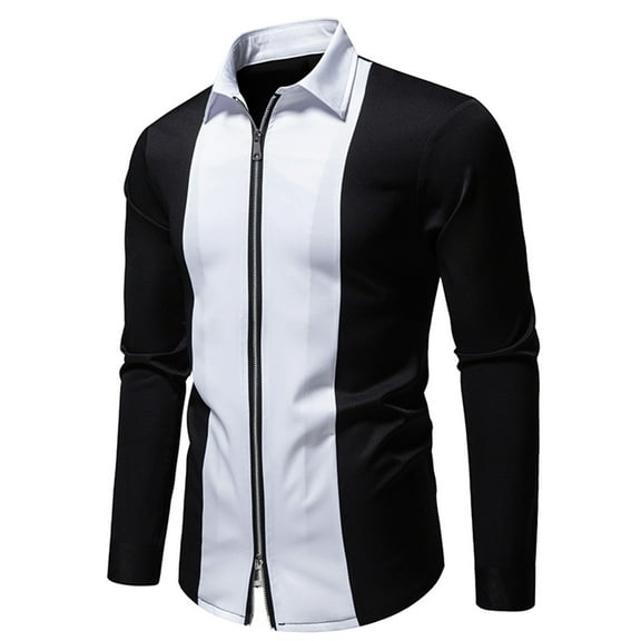 Elvqul Shirts for Men Collared Long Sleeve Formal Solid Zip up Black Mens Shirts
