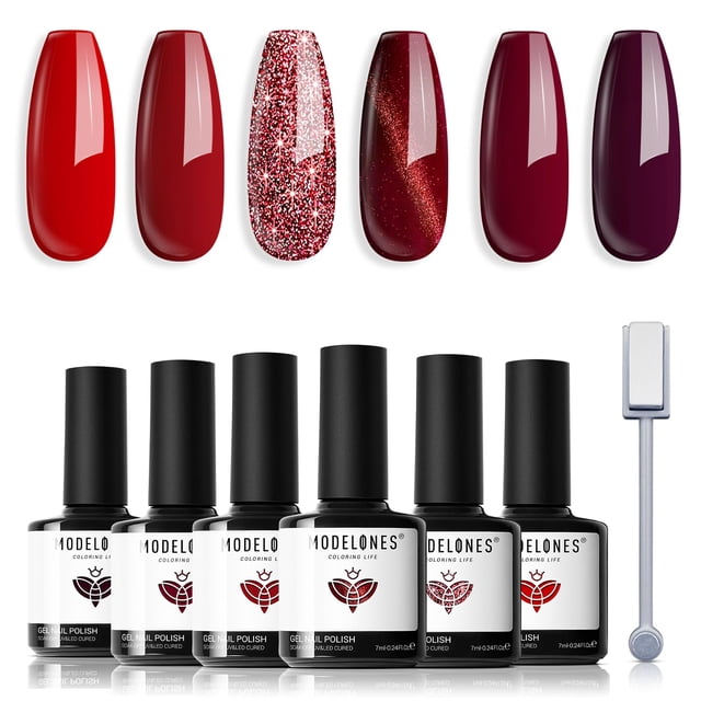 Set de esmaltes de uñas en gel modelones Red Ruby Sparks, 6 colores, 7 ml
