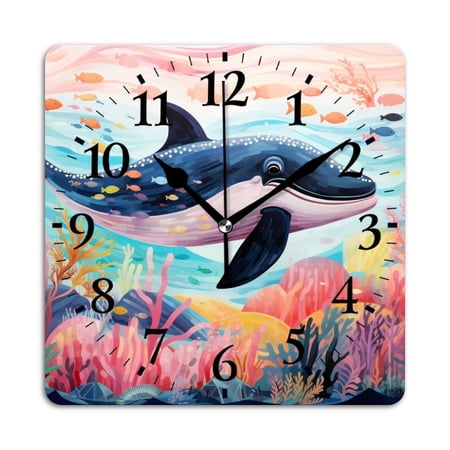 Square Wall Clock,Massive Whale The Master Of The Oceans,Silent Non-Ticking Wall Clock Decor for Home Office Kitchen Living Room Bedroom(10inch)
