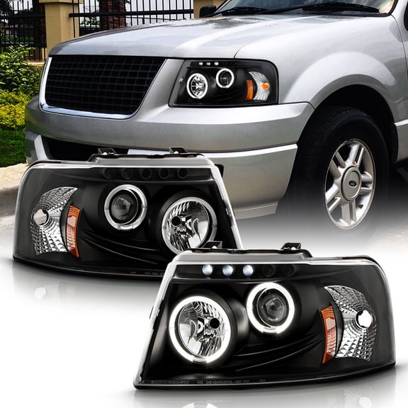 AKKON - For 2003-2006 Ford Expedition Black Bezel Dual LED Ring Design Projector Headlights Front Lamps Replacement