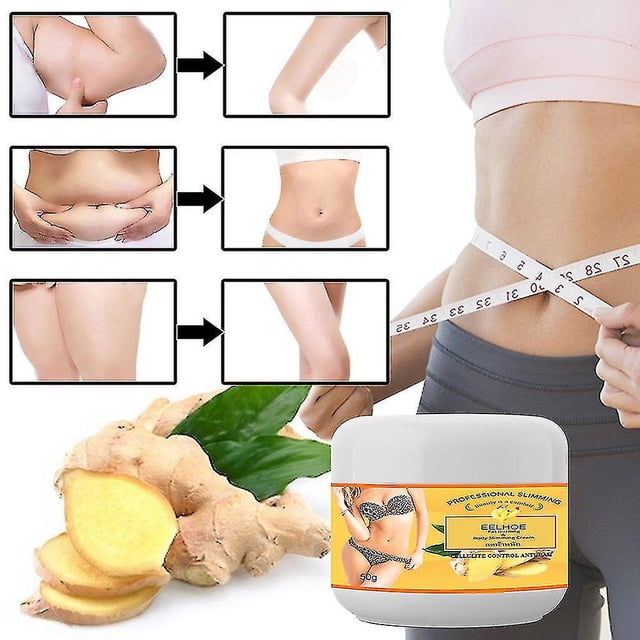 crema anticelulitis crema reafirmante tum de 30g crema crema ginr massa para y Yongsheng tarro blanco de 30g con etiqueta amarilla y raíz de jengibre al frente; composición de imágenes antes y después mostrando abdomen, cintura y muslos y modelo midiéndose la cintura con cinta métrica, vista frontal centrada, envase con textura cremosa visible, según la etiqueta indica aplicación en áreas con grasa; adecuada para masaje localizado.