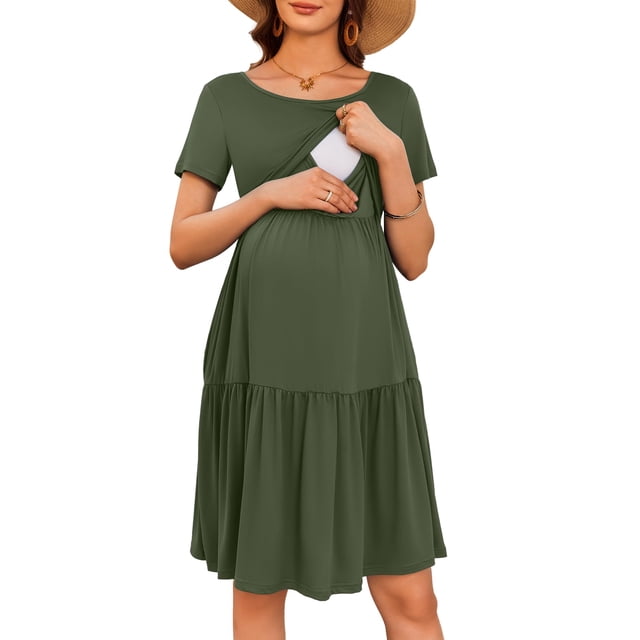Vestido de maternidad y lactancia Ekouaer de verano de manga corta verde M