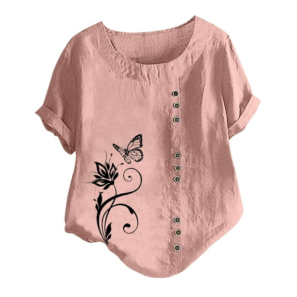 Gibobby Camisetas de verano para mujer Camiseta lino y algodon para mujer camisetas informales holgadas con estampado blusas tipo tunica con botones tal Rosa CH Bodega Aurrera en linea