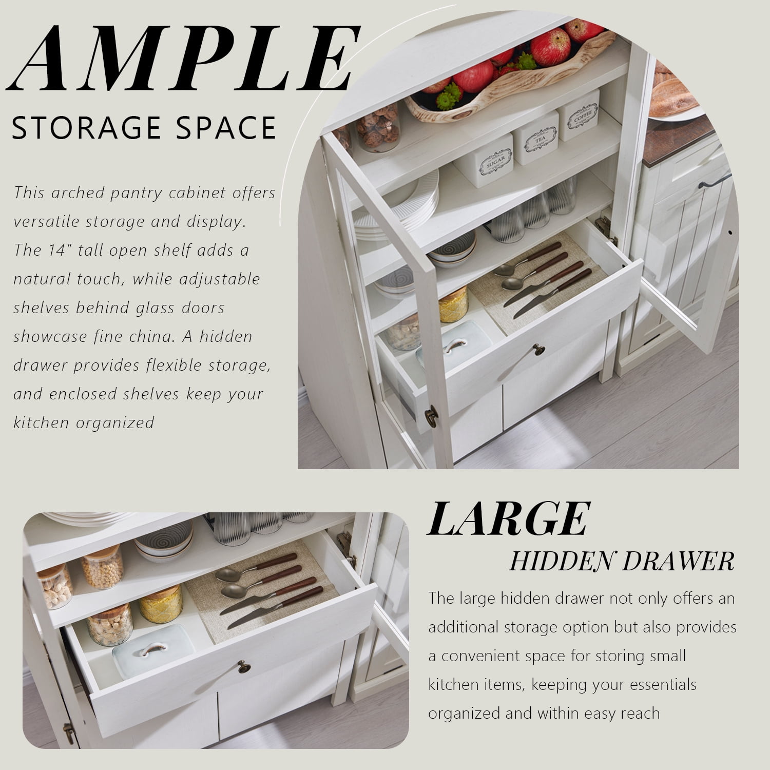 SinCiDo Arched Kitchen Pantry Storage Cabinet, 71" Tall Wood Storage Cabinet with 4 Doors and 6 Shelves for Dining Room Living Room